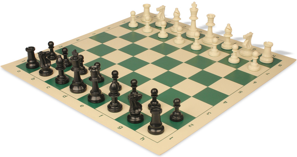 Analysis-Size Plastic Chess Set Black & Ivory Pieces with Green Roll-up Chess Board