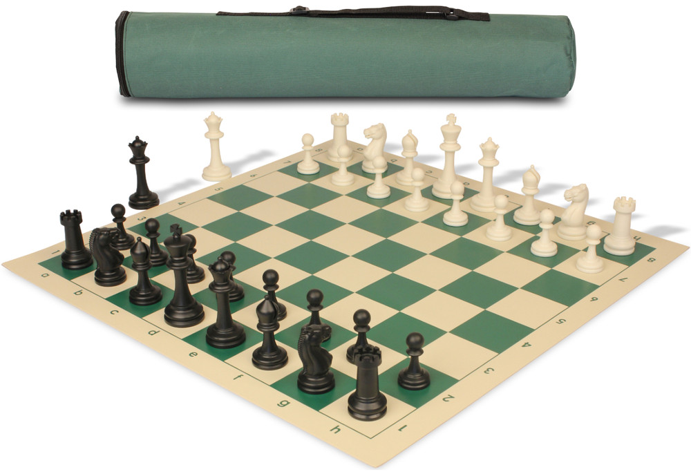 Archer's Bag Master Series  Triple Weighted Plastic Chess Set Black & Ivory Pieces - Green