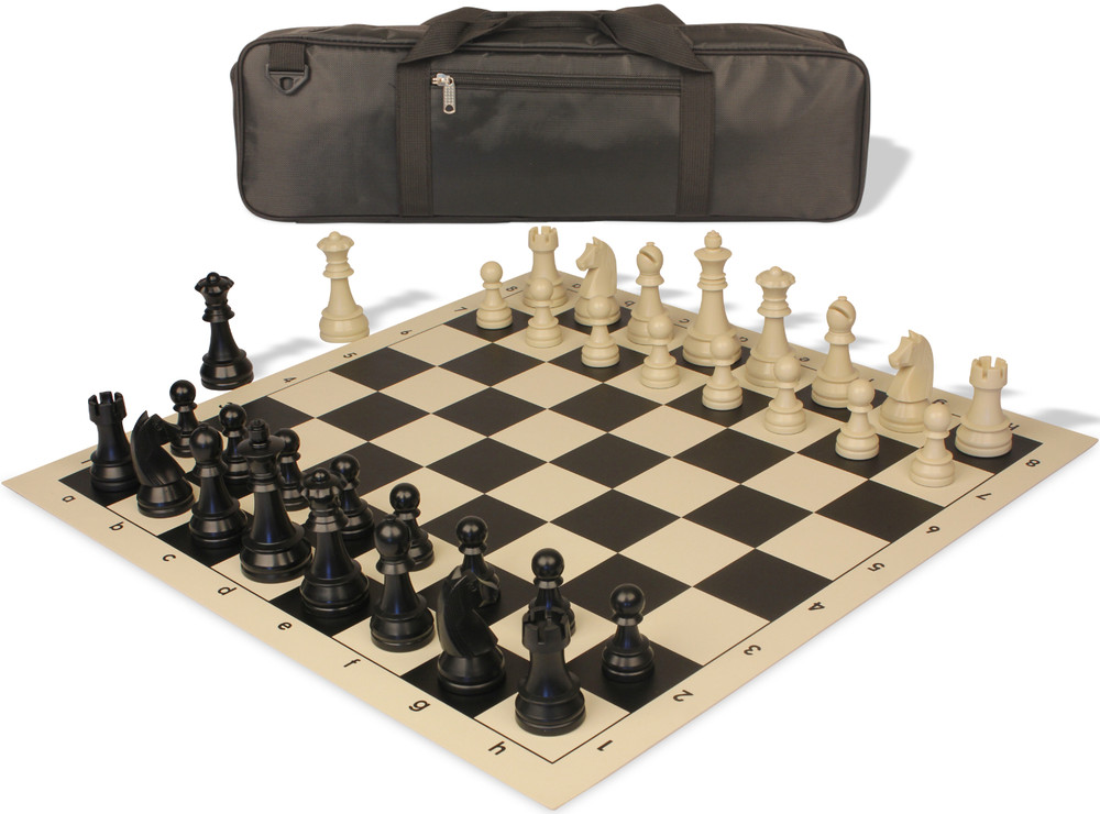 German Knight Carry-All Plastic Chess Set Black & Aged Ivory Pieces with Vinyl Rollup Board – Black