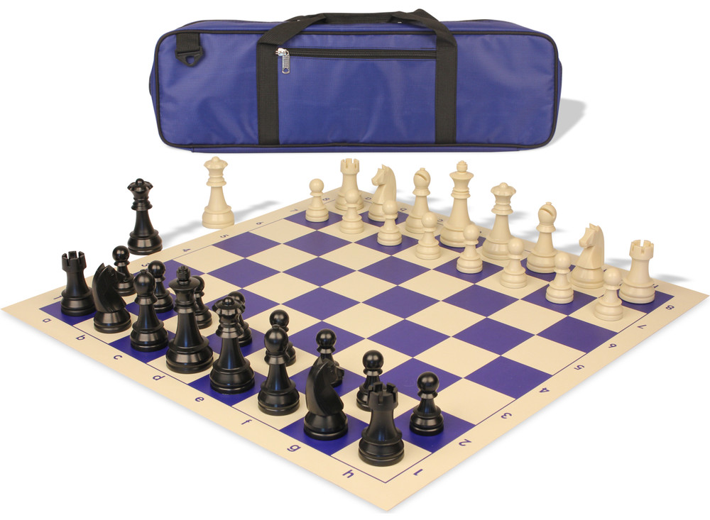 German Knight Carry-All Plastic Chess Set Black & Aged Ivory Pieces with Vinyl Rollup Board – Blue