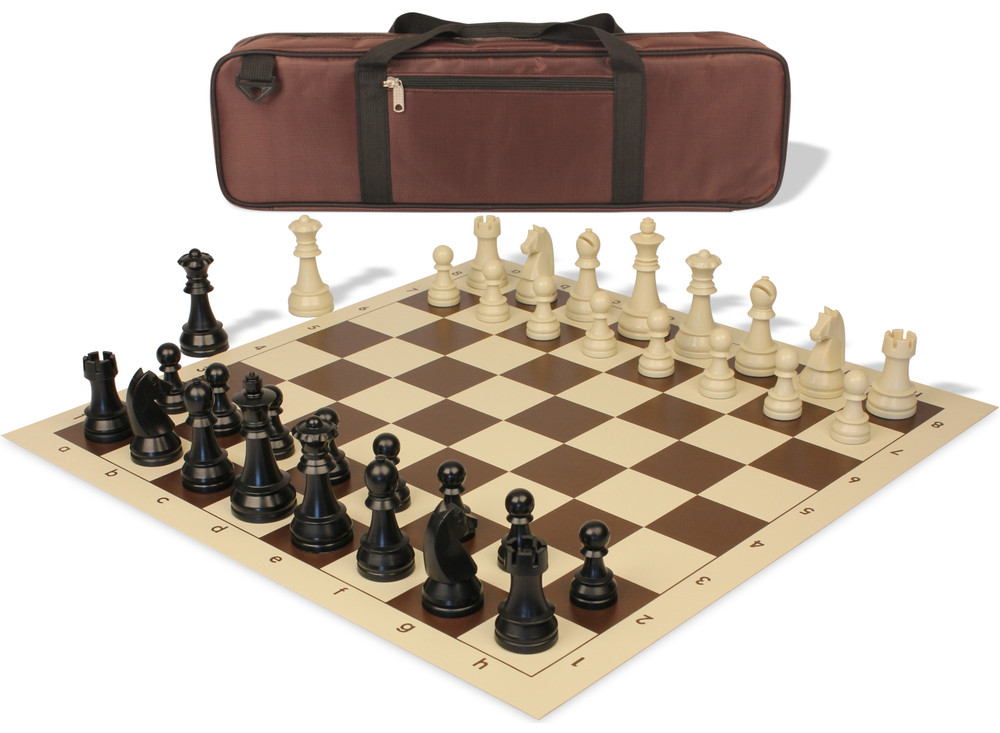 German Knight Carry-All Plastic Chess Set Black & Aged Ivory Pieces with Vinyl Rollup Board – Brown