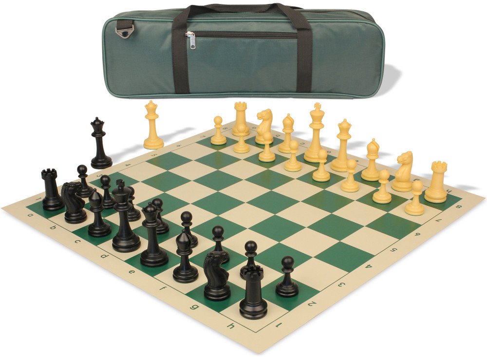 Master Series Carry-All Triple Weighted Plastic Chess Set Black & Camel Pieces with Vinyl Rollup Board - Green