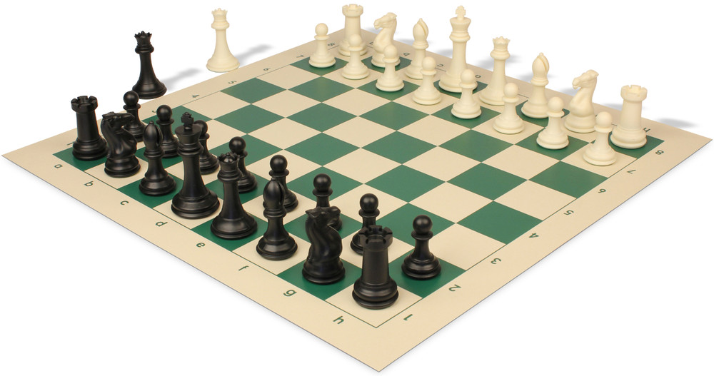 Professional Plastic Chess Set Black & Ivory Pieces with Vinyl Rollup Board – Green