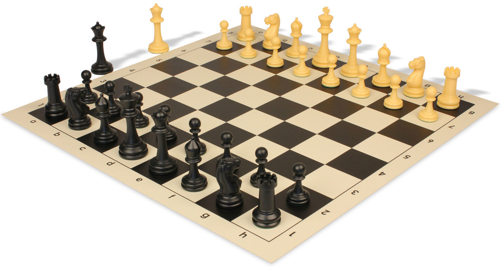 Master Series Plastic Chess Set Black & Camel Pieces with Vinyl Rollup Board - Black