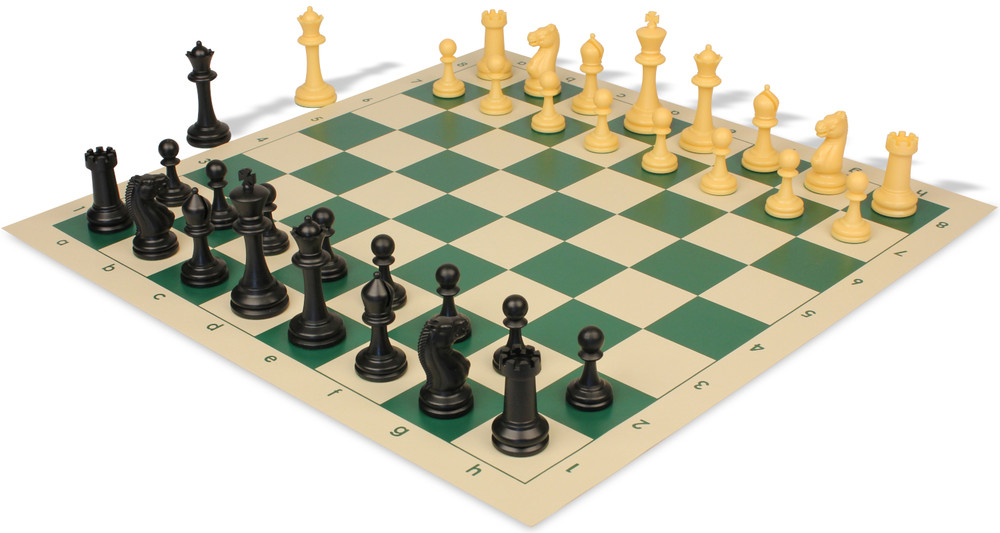 Master Series Triple Weighted Plastic Chess Set Black & Camel Pieces with Vinyl Rollup Board - Green