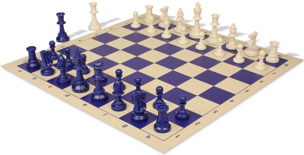 Standard Club Plastic Chess Set Blue & Ivory Pieces with Vinyl Rollup Board - Blue