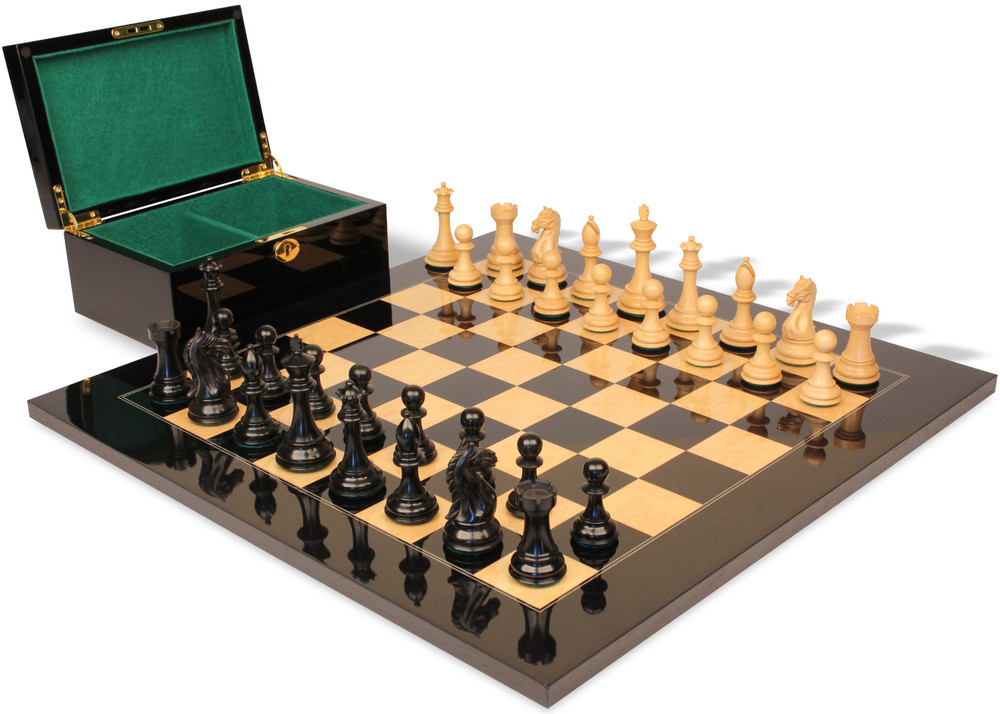 Fierce Knight Staunton Chess Set Ebony & Boxwood Pieces with Black & Ash Burl Board & Box - 4" King