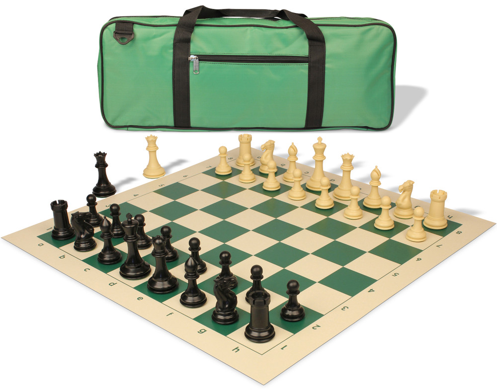 Conqueror Deluxe Carry-All Plastic Chess Set Black & Camel Pieces with Rollup Board - Lime Green