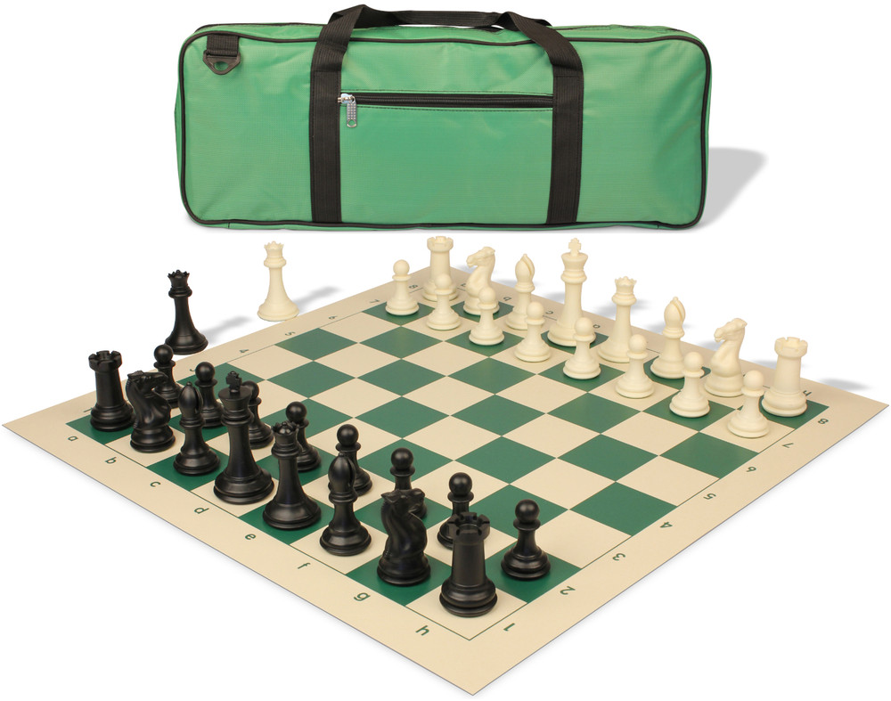 Professional Deluxe Carry-All Plastic Chess Set Black & Ivory Pieces with Vinyl Roll-up Board & Bag – Lime Green