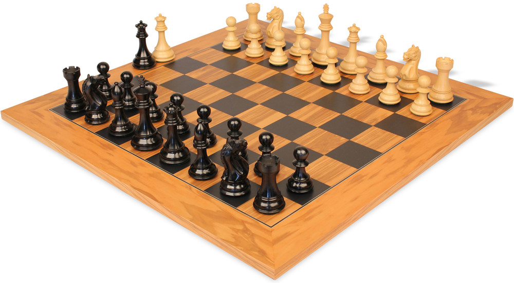 Fierce Knight Staunton Chess Set Ebony & Boxwood Pieces with Deluxe Olive & Black Board - 4" King