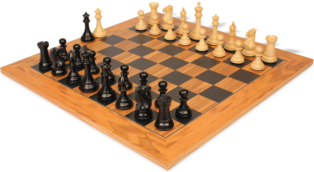 New Exclusive Staunton Chess Set Ebonized & Boxwood Pieces with Olive Wood & Black Deluxe Board - 4" King