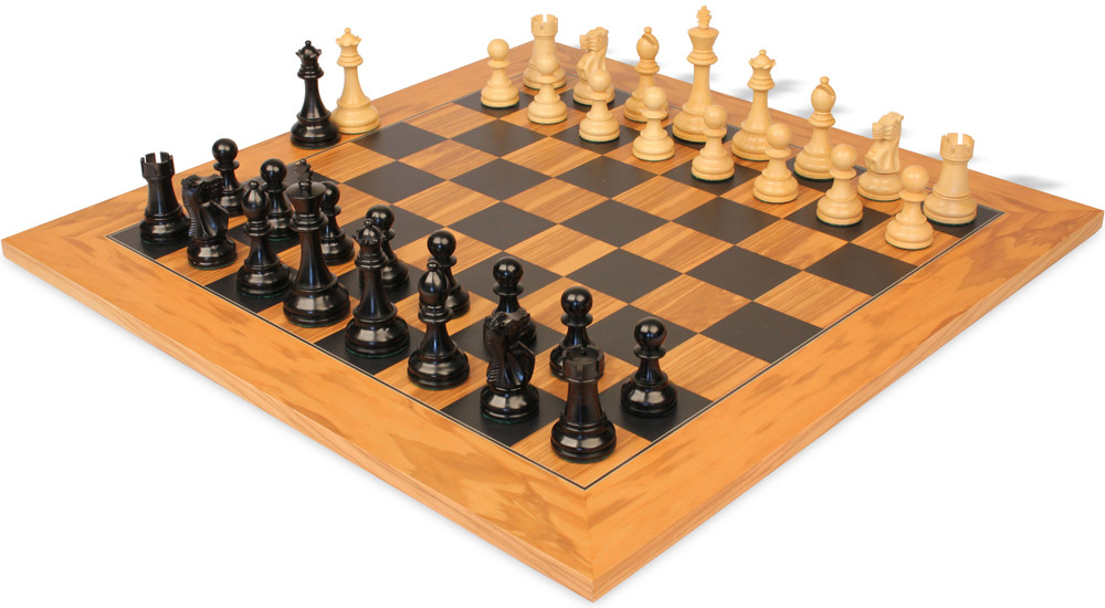 British Staunton Chess Set Ebonized & Boxwood Pieces with Olive Wood & Black Deluxe Board - 3.5" King