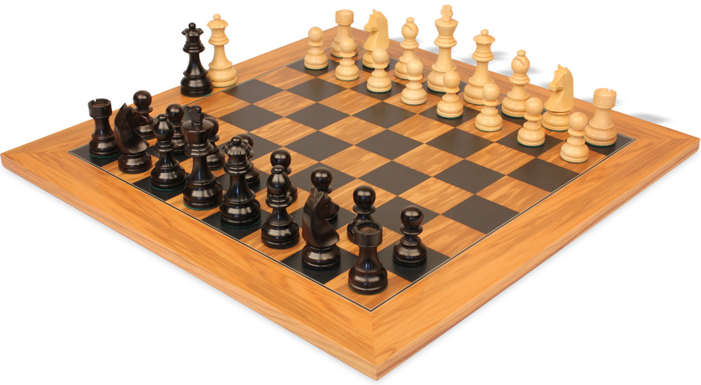 German Knight Staunton Chess Set with ebonized and boxwood pieces on Olive Wood & Black Deluxe Board.