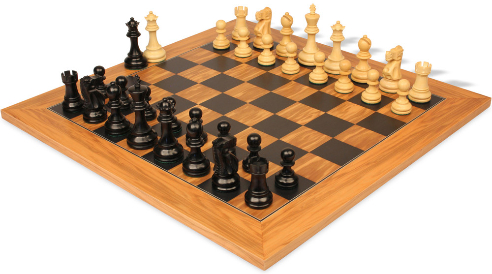 Deluxe Old Club Staunton Chess Set Ebonized & Boxwood Pieces with Olive Wood & Black Deluxe Board - 3.25" King