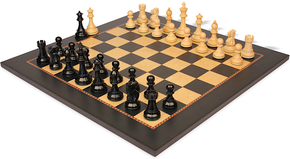 British Staunton Chess Set Ebony & Boxwood Pieces with The Queen's Gambit Chess Board - 3.5" King