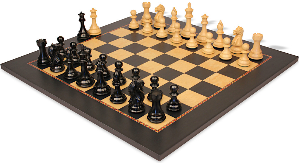 Fierce Knight Staunton Chess Set Ebony & Boxwood Pieces with The Queen's Gambit Chess Board - 4" King