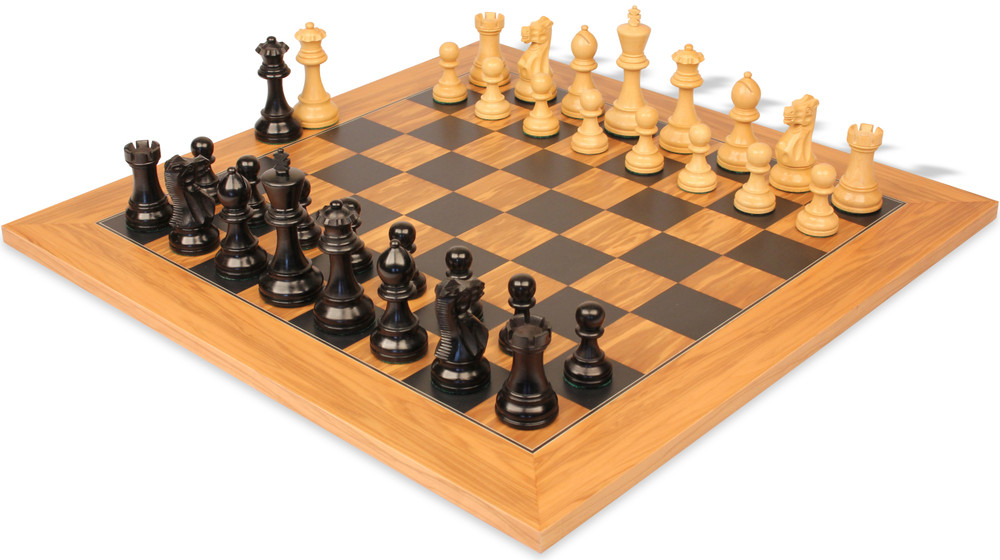 Parker Staunton Chess Set Ebonized & Boxwood Pieces with Olive Wood & Black Board- 3.75" King