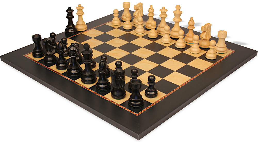 French Lardy Staunton Chess Set Ebonized & Boxwood Pieces with The Queen's Gambit Chess Board - 3.75" King