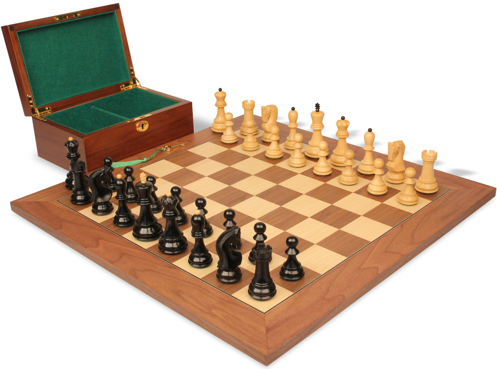 Zagreb Series Chess Set Ebony & Boxwood Pieces with Walnut & Maple Deluxe Board & Box - 3.875" King