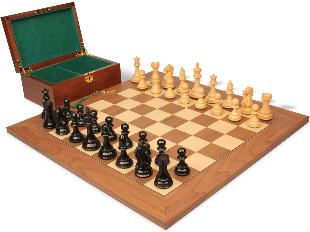 Fierce Knight Staunton Chess Set Ebony & Boxwood Pieces with Walnut & Maple  Deluxe Board & Box - 3.5" King