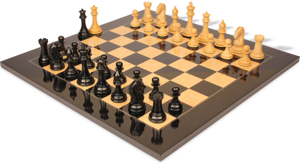 The Craftsman Series Chess Set Ebony & Boxwood Pieces with Black & Ash Burl High Gloss Board - 3.75" King