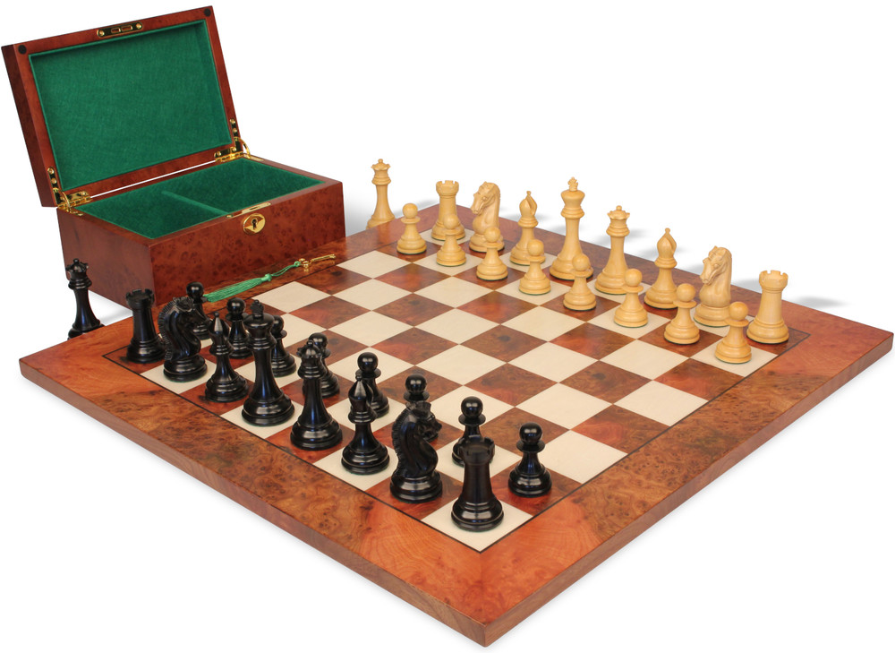 The Craftsman Series Chess Set Ebony & Boxwood Pieces with Elm Burl & Erable Board & Box - 3.75" King