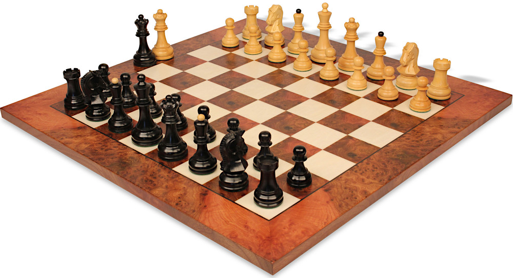 Old English Classic Chess Set Ebony & Boxwood Pieces with Elm Burl