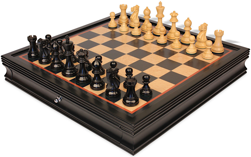 Parker Staunton Chess Set Ebonized & Boxwood Pieces with Black & Bird's-Eye Maple Chess Case - 3.75" King