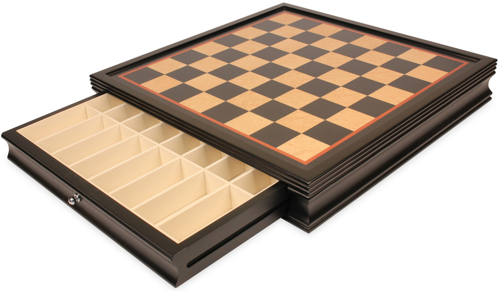 Deluxe Two-Drawer Black & Bird's-Eye Maple Chess Case - 2" Squares