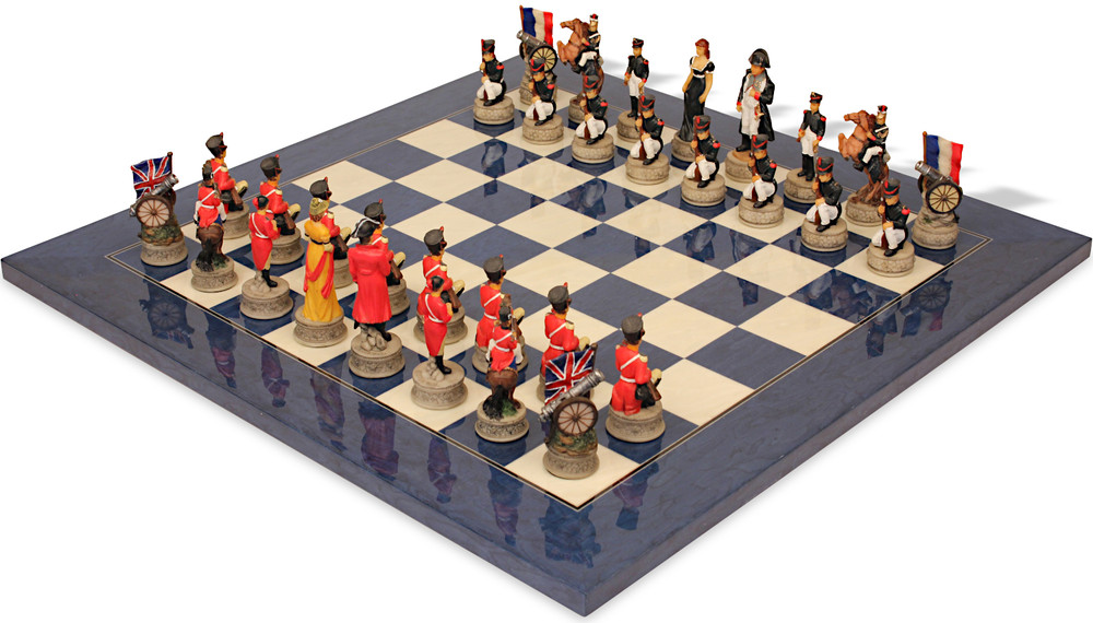 Battle of Waterloo Theme Chess Set with High Gloss Blue & Erable Deluxe Board Battle of Waterloo Theme Chess Set with High Gloss Blue & Erable Deluxe Board