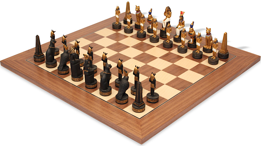 Ancient Egypt Theme Chess Set with Walnut & Maple Deluxe Chess Board