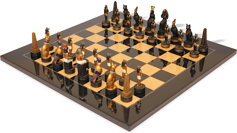 Ancient Egypt Theme Chess Set with Black & Ash Burl High Gloss Deluxe Chess Board