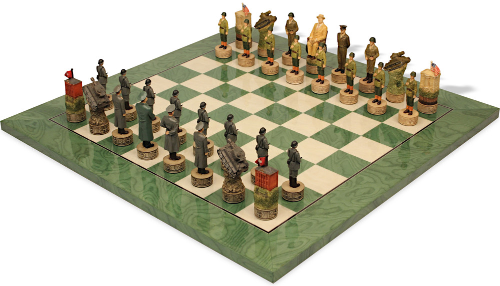 World War II Hand Painted Theme Chess Set with Green & Erable High Gloss Deluxe Board