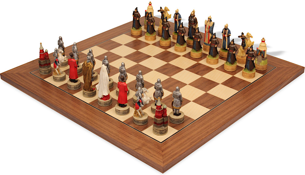 Mongolians vs Russians Theme Chess Set with Walnut & Maple Deluxe Board