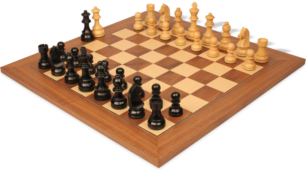 German Knight Staunton Chess Set with ebonized and boxwood pieces on Walnut & Maple Deluxe Board.

