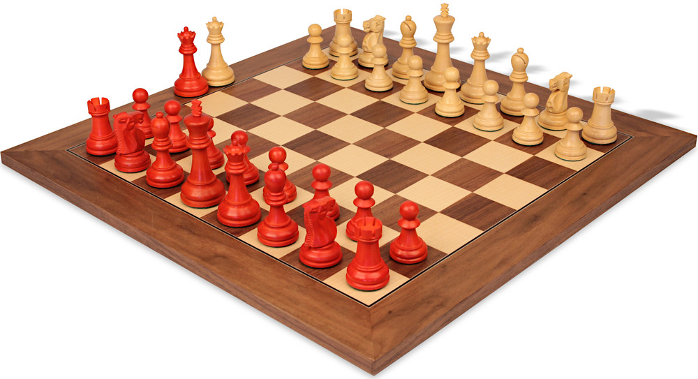 Reykjavik Series Chess Set Crimson & Boxwood Pieces with Walnut & Maple Deluxe Board - 3.75" King