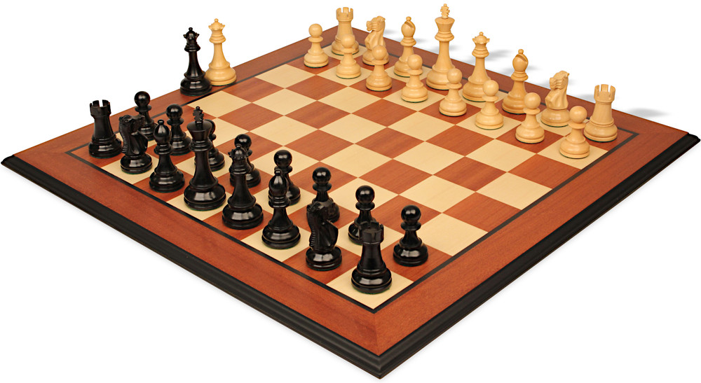 British Staunton Chess Set Ebony & Boxwood Pieces with Mahogany & Maple Molded Edge Board - 3.5" King