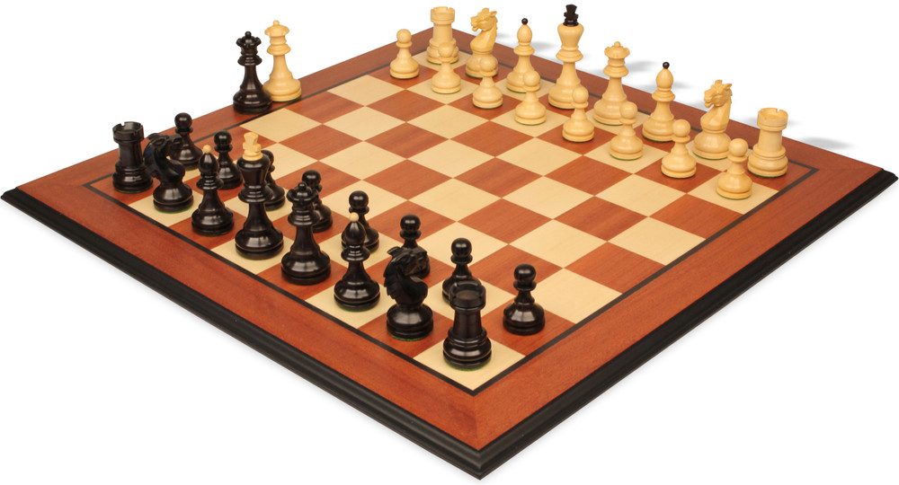 Bohemian Series Chess Set Ebonized & Boxwood Pieces with Mahogany & Maple Molded Edge Board - 4" King