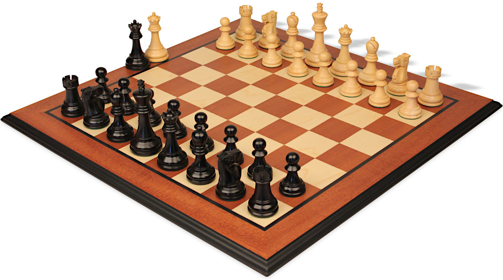 Reykjavik Series Chess Set Ebony & Boxwood Pieces with Mahogany & Maple Molded Edge Board - 3.25" King
