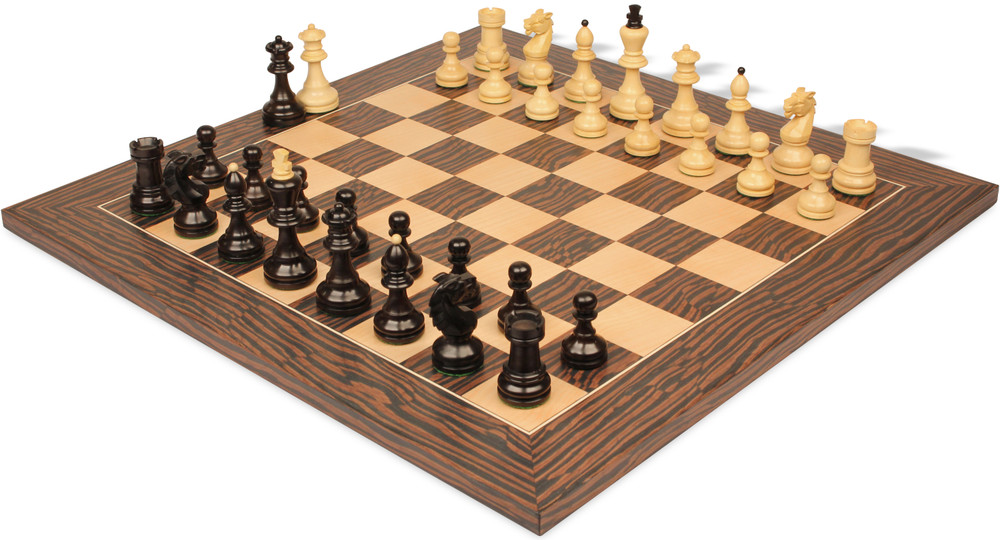 Bohemian Series Chess Set Ebonized & Boxwood Pieces with Tiger Ebony & Maple Deluxe Board - 4" King