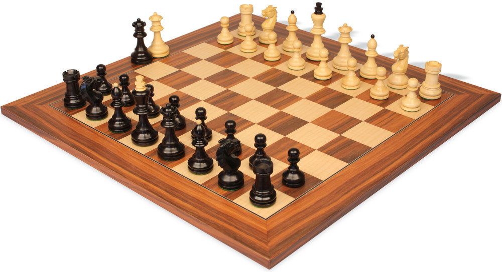 Bohemian Series Chess Set Ebonized & Boxwood Pieces with Santos Rosewood  & Maple Deluxe Chess Board - 4" King