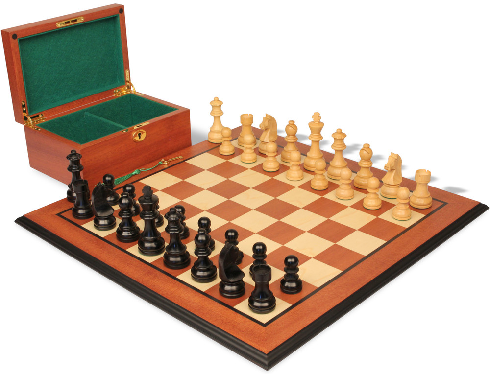 German Knight Staunton Chess Set Ebonized & Boxwood Pieces with Mahogany Molded Edge Chess Board & Box - 3.25" King