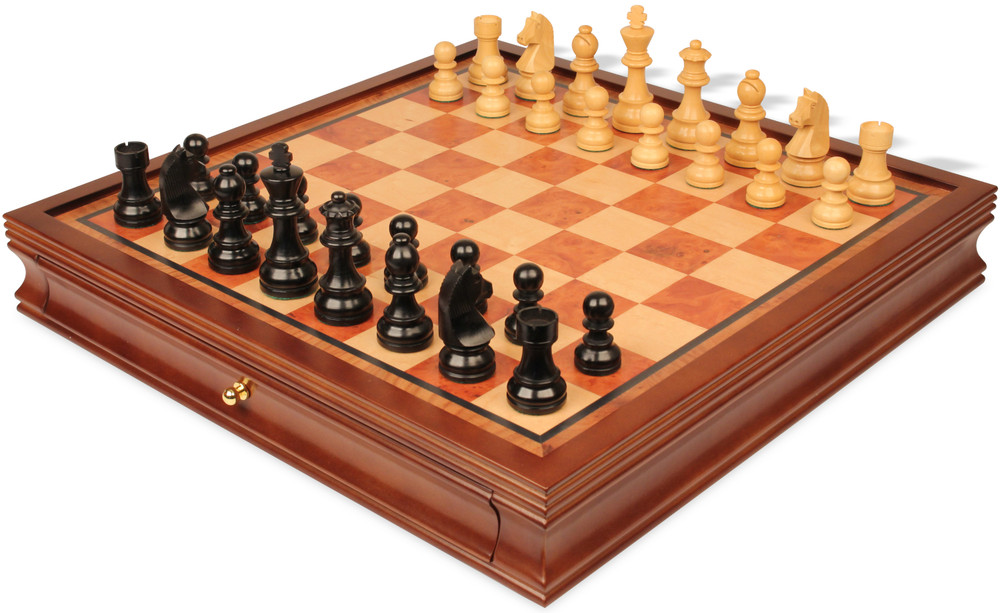 German Knight Staunton Chess Set Ebonized & Boxwood Pieces with Elm Burl & Bird's-Eye Maple Chess Case - 3.25" King