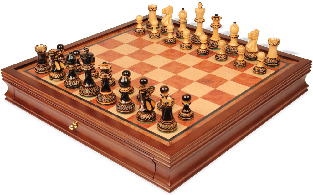 Parker Staunton Chess Set Burnt Boxwood Pieces with Elm Burl & Bird's-Eye Chess Case - 3.75" King