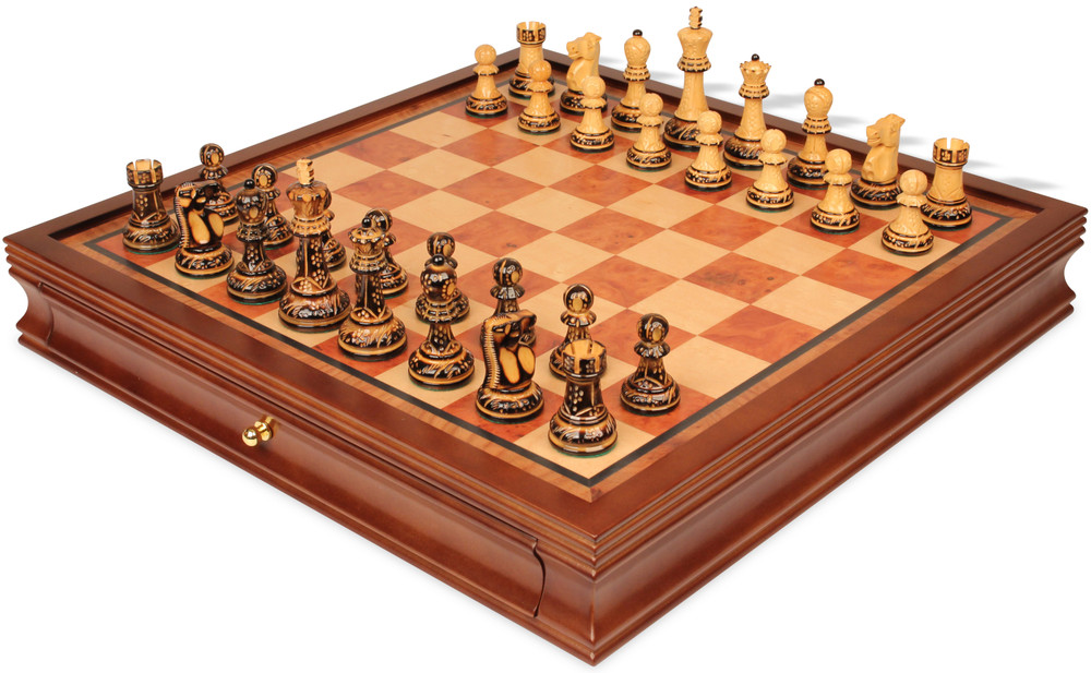 Reykjavik Series Chess Set Burnt Boxwood Pieces with Elm Burl & Bird's-Eye Maple Chess Case - 3.75" King