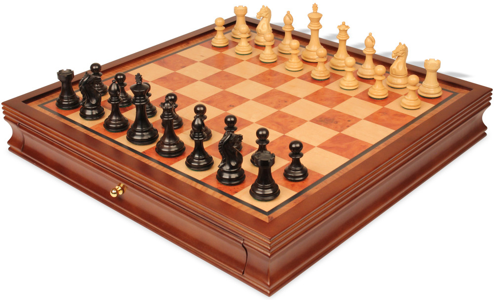 Fierce Knight Staunton Chess Set Ebonized & Boxwood Pieces with Elm Burl & Bird's-Eye Maple Chess Case - 3" King