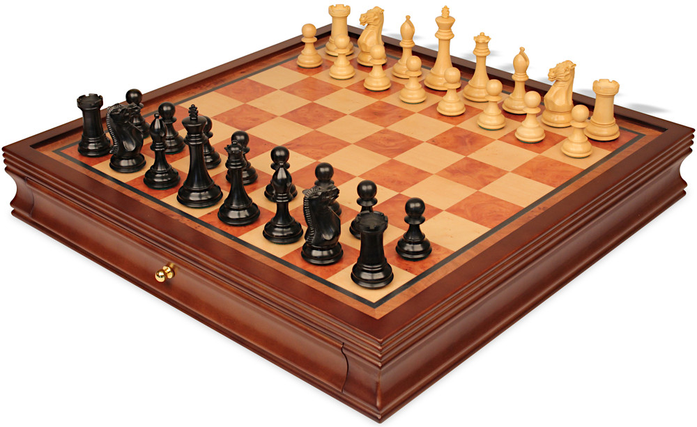 New Exclusive Staunton Chess Set Ebonized & Boxwood Pieces with Elm Burl & Bird's-Eye Maple Chess Case - 3.5" King