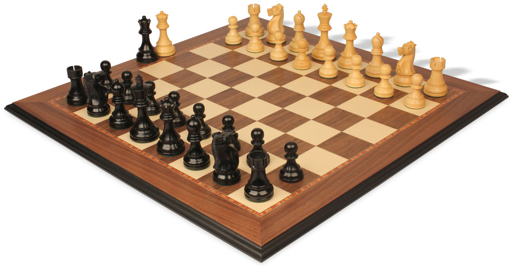 Fischer-Spassky Commemorative Chess Set Ebonized & Boxwood Pieces with Walnut & Maple Molded Edge Board - 3.75" King