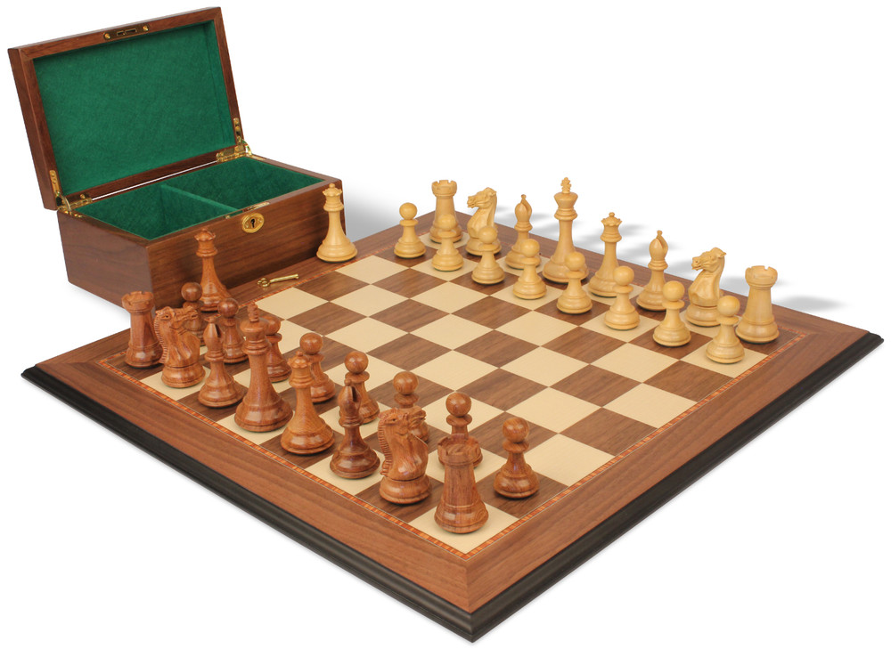 New Exclusive Staunton Chess Set Golden Rosewood  & Boxwood Pieces with Walnut Molded Board & Box - 3.5" King