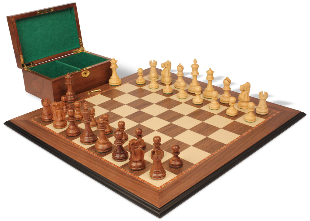 Deluxe Old Club Staunton Chess Set Golden Rosewood & Boxwood Pieces with Walnut Molded Board & Box - 3.75" King